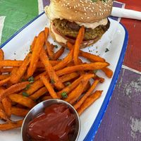 Home made lentil burger with sweet potato fries!  at Oh My Soul in Charlotte