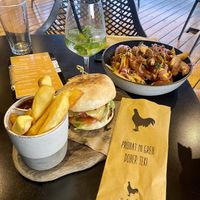 “Amazing vegan burger” & “Devil’s soy” loaded fries 😋  at Pisek Bar in Celje