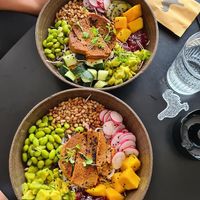 Rice salad and seitan bowl. Amazing sauces. at Pisek Bar in Celje
