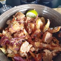 Fries with fried soy burger and sauces at Pisek Bar in Celje