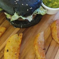 Beyond burger with carbonbread  at Herbivoro in Cancun