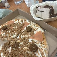 Pizza and mocha cake  at Herbivoro in Cancun