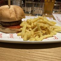 Vegan burger with fries    at Po' Boys BBQ in Athens