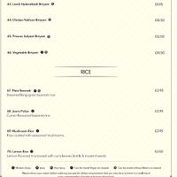 Rice menu with vegan and gf labels at Veer Dhara One in St Albans