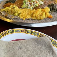 Lots of injera with veggie combo  at Enat Ethiopian in Seattle