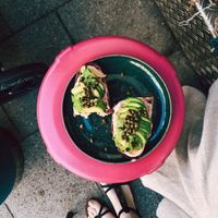Avocado toast on beetroot hummus at Storm in a Coffee Pot in Munich