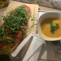 Salami pinsa and vegetable soup  at Vapiano - Rathausstrasse in Berlin