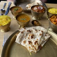 Rice, dhal, vegetable curry, chutney and naan meal  at Himalayan in Belfast