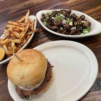 Vegan burger, fries and broccoli   at backcountry in Bozeman