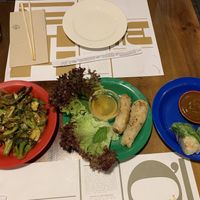 Stir-fry vegetables, spring rolls and wakame summer rolls at Mon Viet in Barcelona