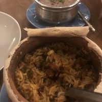 Vegetable biryani with dal in background  at Babooji in Jakarta