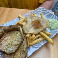 Plato del día, seitán con “huevo” y patatas at La Vegana Taperia in Malaga
