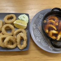 Anelli di calamari e gamberi al pil pil  at La Vegana Taperia in Malaga