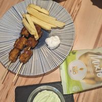 Pincho moruno and a bit of a croqueta of the day, the tapa size had 2 delicious croquetas at La Vegana Taperia in Malaga