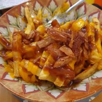 Cheesy fries comes with bacon bits not listed on menu at La Vegana Taperia in Malaga
