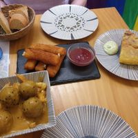 Meatballs comes with gravy and fries though not mentioned on menu

Cheese sticks
Tortilla  at La Vegana Taperia in Malaga