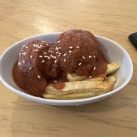 “meat” balls with tomato saucee  at La Vegana Taperia in Malaga