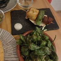 Fried padron peppers and andalusian skewer at La Vegana Taperia in Malaga