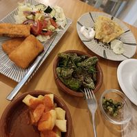 Vegan fish, tortilla, pimientos de padron & patatas bravas! at La Vegana Taperia in Malaga