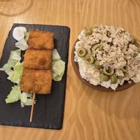 Fried fish and Russian salad with tuna (recommend both!) at La Vegana Taperia in Malaga