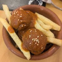 Meatballs with tomato sauce at La Vegana Taperia in Malaga