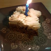 Tarta de zanahoria - good carrot cake with candle - because of my birthday :) at La Vegana Taperia in Malaga