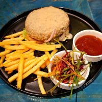 Vegan burger (no bun per my request). at Huvan Beach Resort in Male