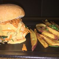 The cheeky chickpea burger I ordered with sweet potatoe chips; I loved it. at Mugg & Bean -  Cresta in Johannesburg