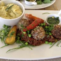 Mushroom pate with quinoa falafel balls and mashed potates at AlmaZen in Lima