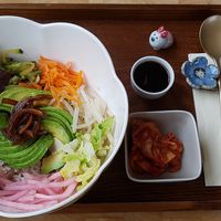 Serving of vegan Bibimbap with Avocado and vegan Kimchi at Damso in Berlin
