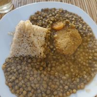 Lentil stew, brown rice and soy meat at Loving Hut - Orbegoso in Trujillo