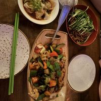 Vegetable Wonton in Chili Oil; side of white rice, Garlic Sauce Style mixed veggies, & Cold Sesame Noodles     at Spicy Moon - 3rd St in New York City