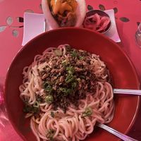 Dan Dan noodles, hen of the woods bao bun    at Spicy Moon - 3rd St in New York City