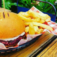 Burger with fries at Lickety Split in Footscray