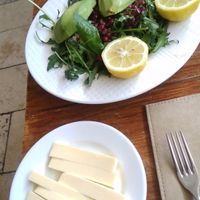 Avocado, greens and pomegranate salad + vegan cheese at Ayii Anargyri Natural Healing Spa Resort in Paphos