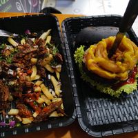 The burger and chips at Mercy Vegan Food in Bogota
