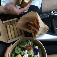 Classic Burger, Fries, Mozzarella Sticks and Salad of the week   at Vegorilla in Montpellier