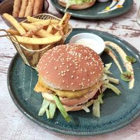 Burger with double patty and fries at Vegorilla in Montpellier