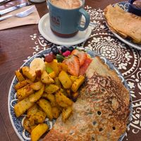Mushroom, asparagus & spinach Filled crêpe. at Cafe Aragon in Sherbrooke