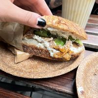 sandwich with chantarelles and vegan ricotta  at Szklarnia in Krakow