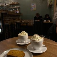 hot chocolate with whipped cream and pumpkin bread   at Szklarnia in Krakow
