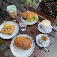 Pain au chocolat, french dough with spinach and tofu, sandwich with “egg” pate at Szklarnia in Krakow