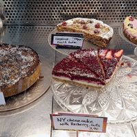 Display of cakes - vegan options are labeled at Cafe Katulki in Berlin