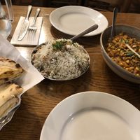 Corn mushroom masala with coconut rice and peshawari naan  at Namaste Holborn in London