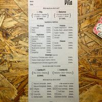 The menu, where you can mark ingredients to build your own dish at Pita in Popayan