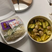 Vegetable broth with mushroom, zucchini(?), broccoli, carrot, cabbage, onion, and tofu. With noodles, bean sprouts, lime, jalapeño, and basil on the side.  at MOE PHO in Pendleton