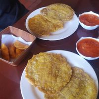 Patacones con hogao (vegan) & empanaditas of potatoes (vegan) at Mora Castilla in Popayan