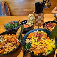 This fed 2 adults & 2 kids (6 & 8),  really well,  some dishes are spicey.  The crispy tofu sticks with raspberry chilli dip - highly recommended at An Vegan House - Lange Reihe in Hamburg