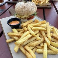 Vegan Jalapeño Burger with fries and sriracha mayo.   at Cafe Del Sol in Hamm
