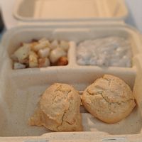 Vegan biscuit and gravy and potatoes at Good Foods Market and Cafe in Lexington